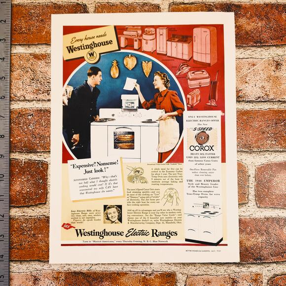 1940 Westinghouse Corox Stove Print Ad Smiling Housewife‎ Mailman 9.5x12.75 Vtg - Picture 1 of 9